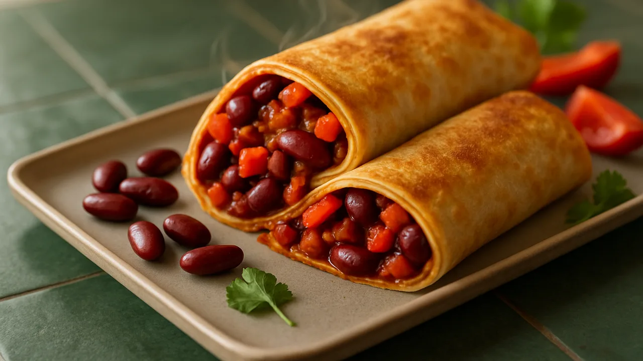 Kidneybohnen-Chili Wrap aus dem Airfryer mit Tortilla-Wraps und Kidneybohnen, auf dunkelgrünen Fliesen angerichtet.