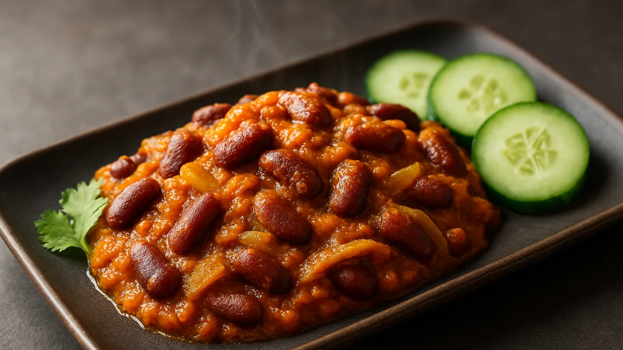 Kidneybohnen Curry mit Gurke aus dem Airfryer mit Kidneybohnen und Gurke, auf dunklem Schiefer angerichtet.