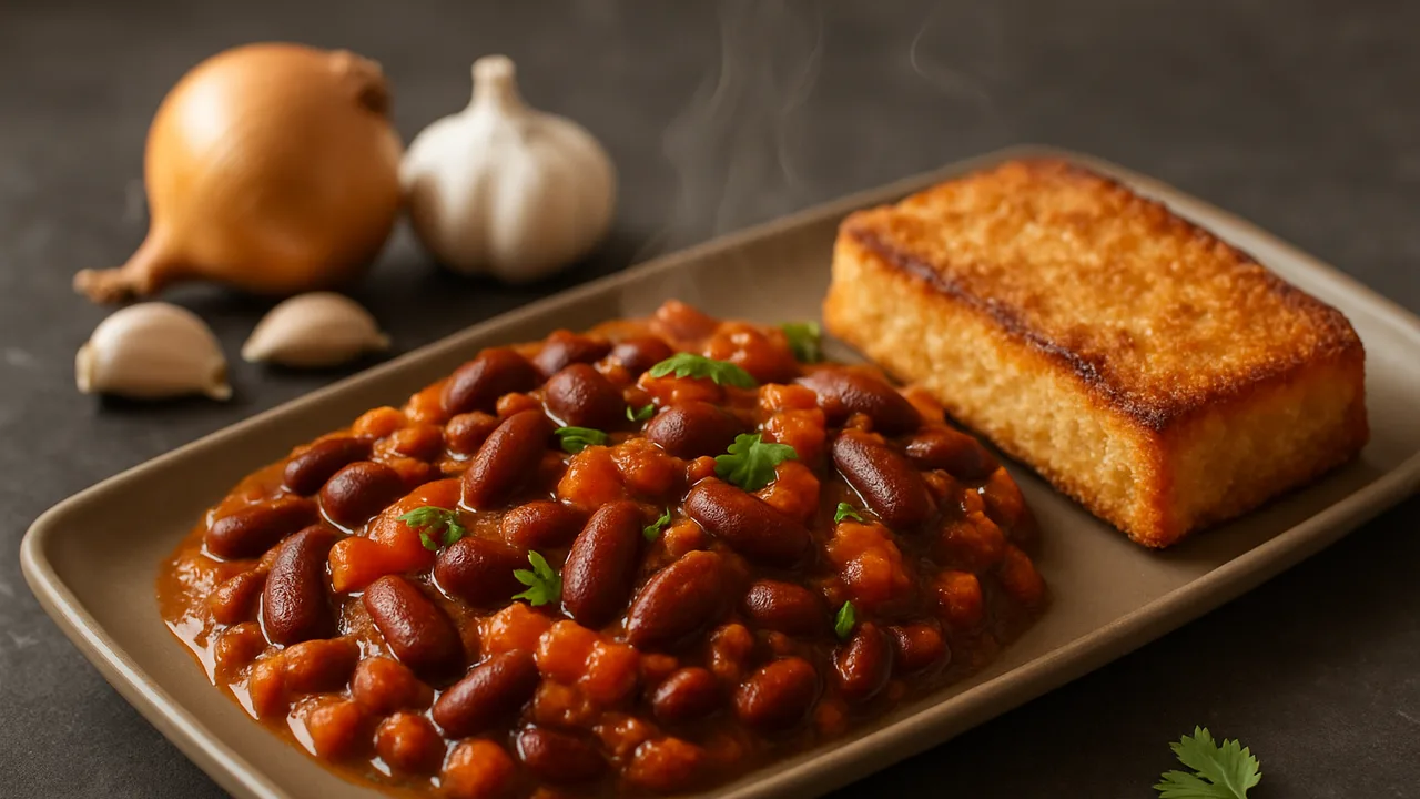 Kidneybohnen Curry mit Tomate und Brot aus dem Airfryer mit Zwiebel und Knoblauchzehen, auf dunklem Schiefer angerichtet.