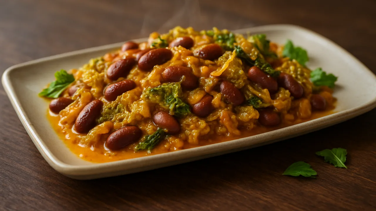 Kidneybohnen Curry mit Wirsing aus dem Airfryer mit Kidneybohnen und Wirsing, auf dunklem Walnussholz angerichtet.
