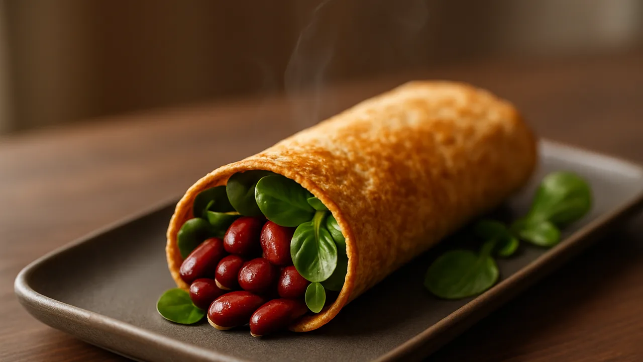 Kidneybohnen-Feldsalat Wrap aus dem Airfryer mit Kidneybohnen und Feldsalat, auf dunklem Walnussholz angerichtet.