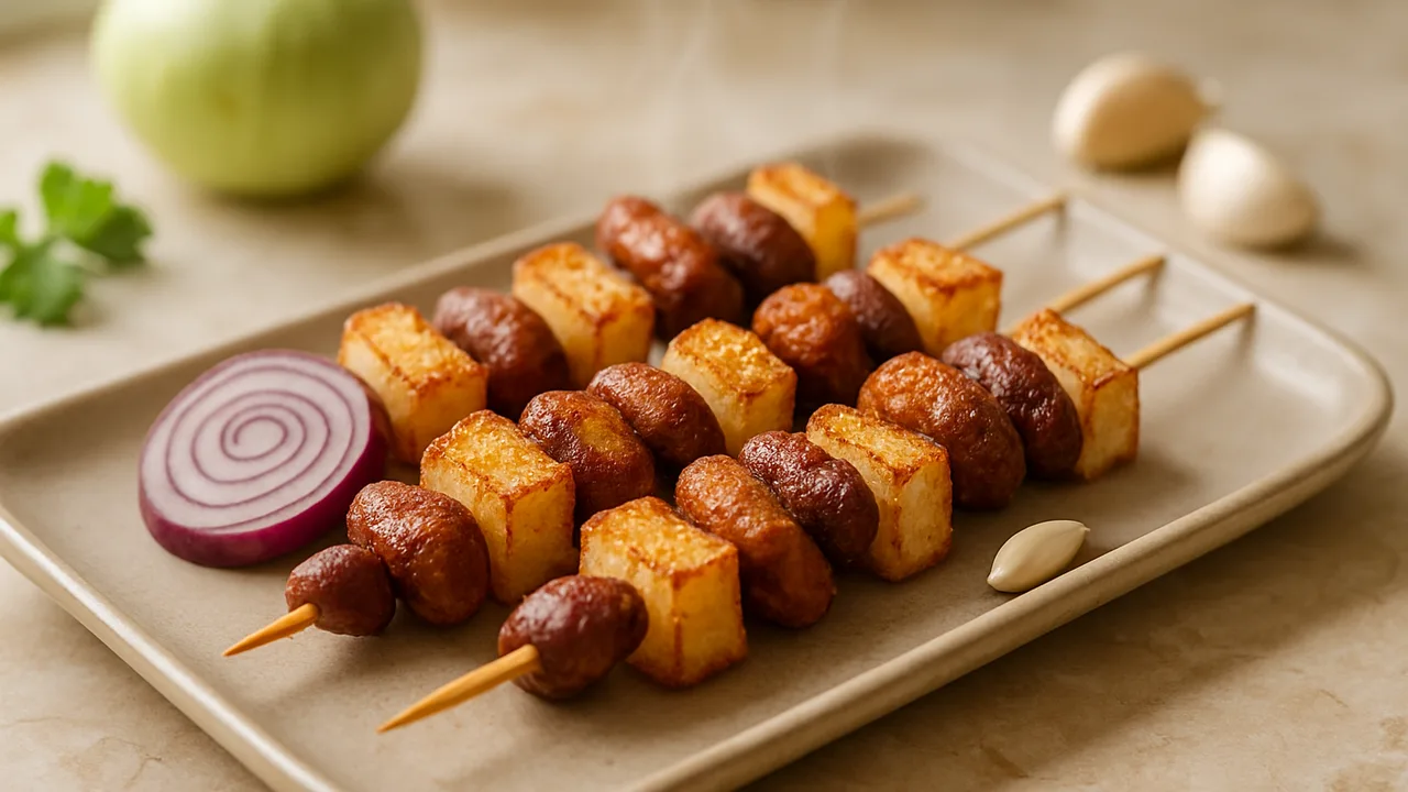 Kidneybohnen-Spieße mit Kohlrabi aus dem Airfryer mit Kidneybohnen und Zwiebel, auf beigem Marmor angerichtet.
