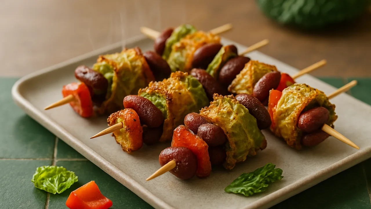 Kidneybohnen-Spieße mit Wirsing aus dem Airfryer mit Kidneybohnen und Wirsing, auf dunkelgrünen Fliesen angerichtet.