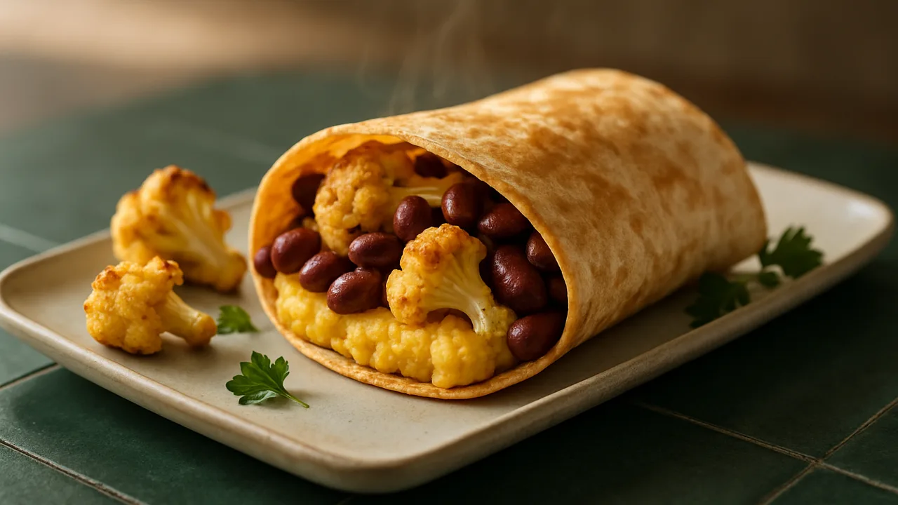 Kidneybohnen Wrap mit Blumenkohl und Polenta aus dem Airfryer mit Blumenkohlröschen und Polenta, auf dunkelgrünen Fliesen …