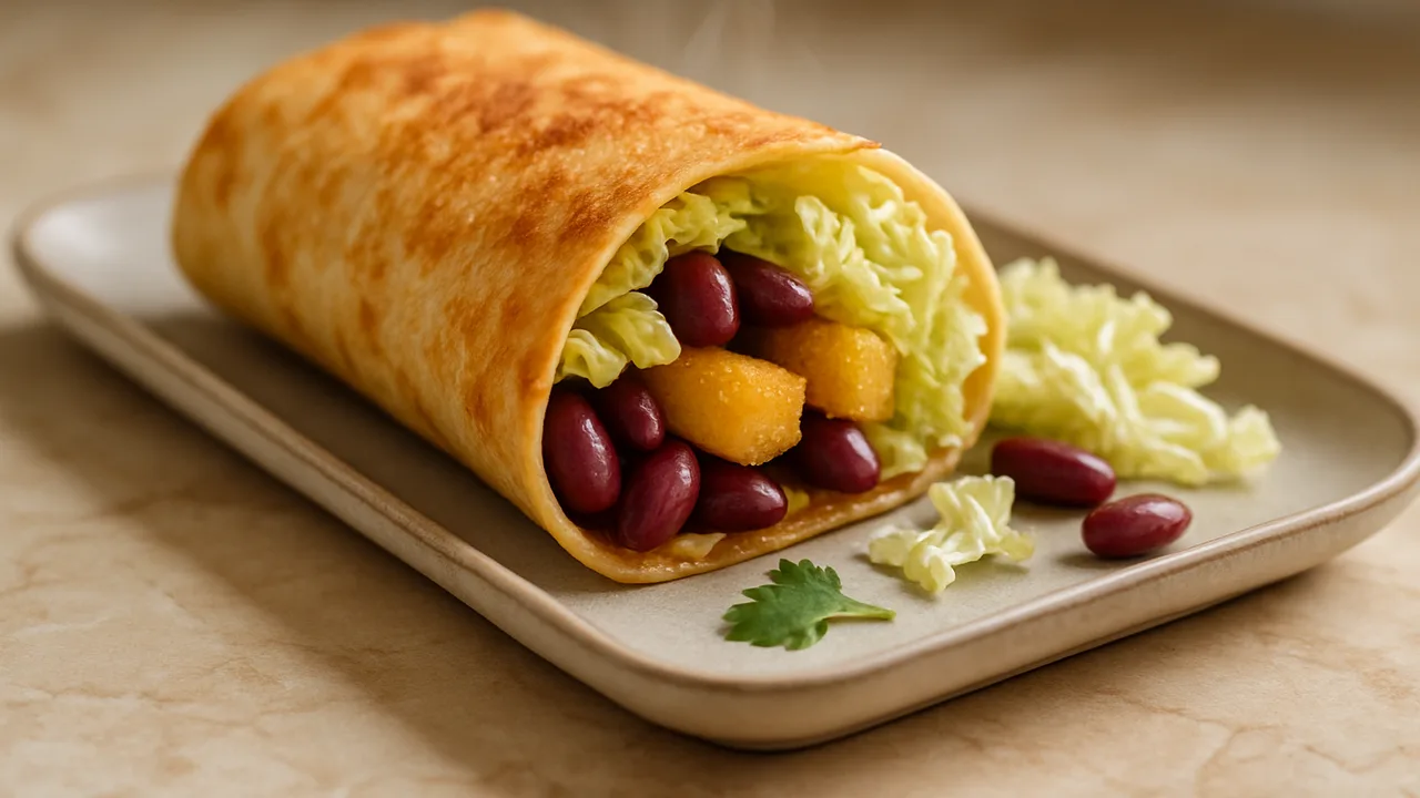 Kidneybohnen Wrap mit Chinakohl und Polenta aus dem Airfryer mit Kidneybohnen und Polenta, auf beigem Marmor angerichtet.