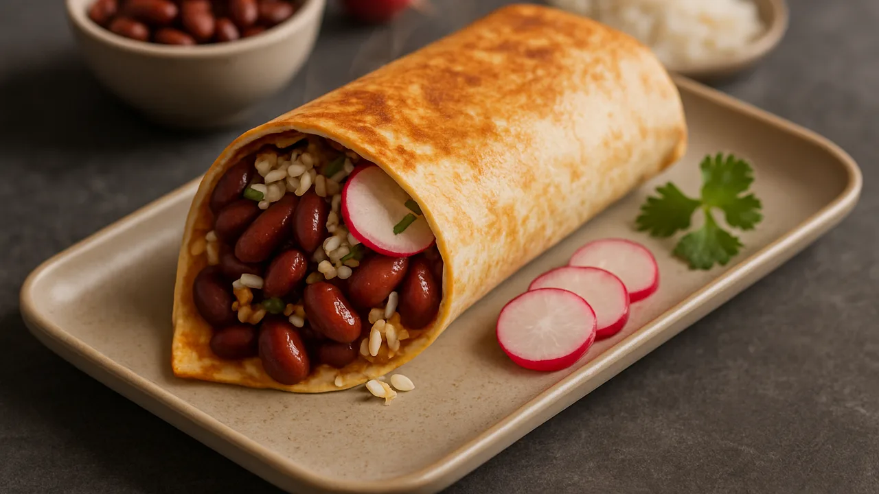 Kidneybohnen Wrap mit Radieschen und Reis aus dem Airfryer mit Kidneybohnen und Reis, auf dunklem Schiefer angerichtet.