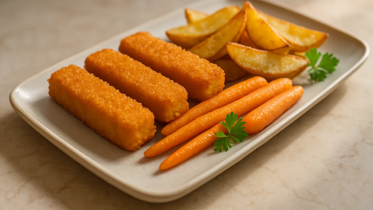 Kinderteller mit Fischstäbchen, Kartoffelspalten und Karotten aus dem Airfryer mit Fischstäbchen und Kartoffeln, auf beigem …