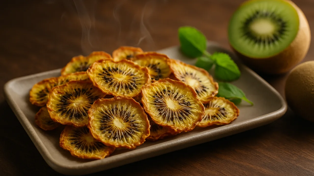 Kiwi-Chips aus dem Airfryer mit Kiwi, auf dunklem Walnussholz angerichtet.