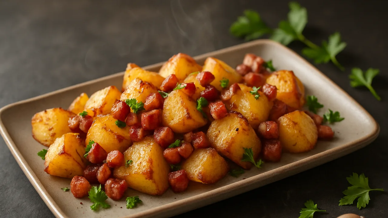 Klassisch deutsch Speck mit Kartoffel aus dem Airfryer mit Kartoffeln und Speckwürfel, auf dunklem Schiefer angerichtet.