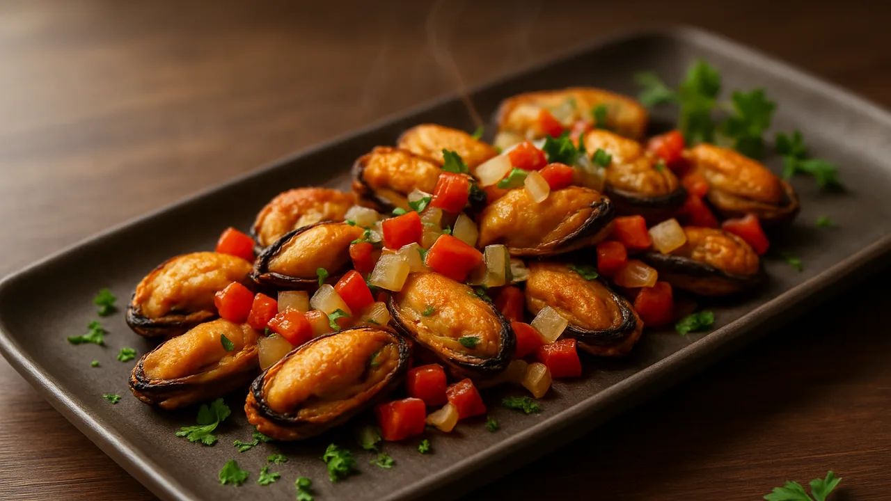 Klassisch deutsche Miesmuscheln mit Paprika aus dem Airfryer mit Miesmuscheln und Paprika, auf dunklem Walnussholz …