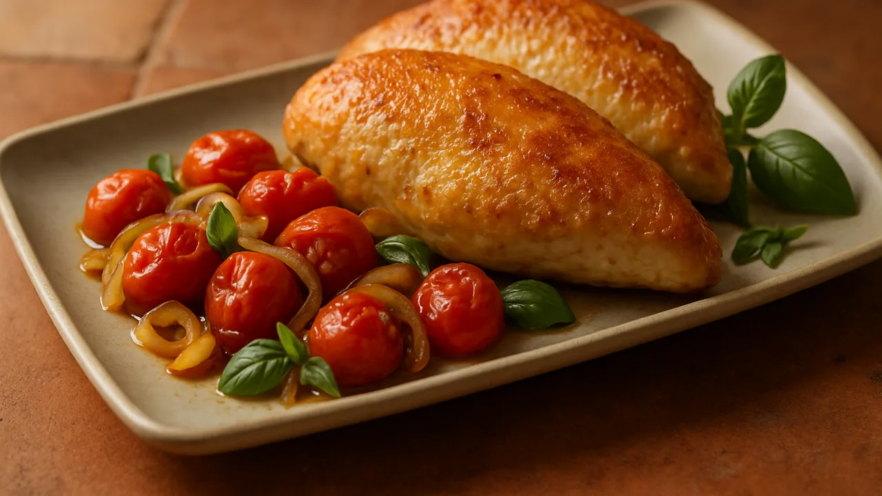Klassisch deutsche Putenbrust mit Tomaten aus dem Airfryer mit Putenbrust und Tomaten, auf Terracotta-Fliesen angerichtet.