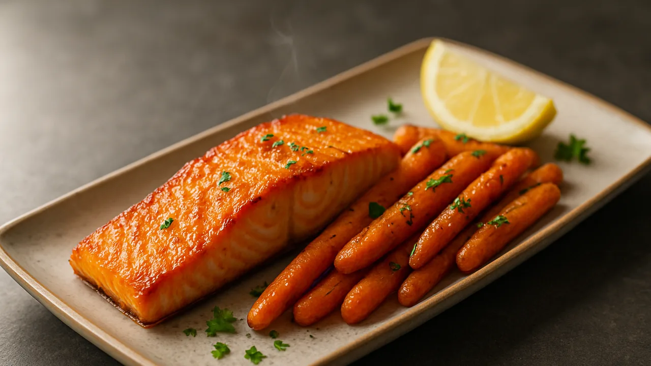 Klassisch deutscher Lachs mit Karotten aus dem Airfryer mit Lachsfilet und Karotten, auf dunklem Schiefer angerichtet.