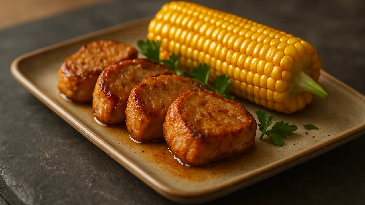 Klassisch deutsches Schweinefilet mit Mais aus dem Airfryer mit Schweinefilet und Maiskolben, auf dunklem Schiefer …