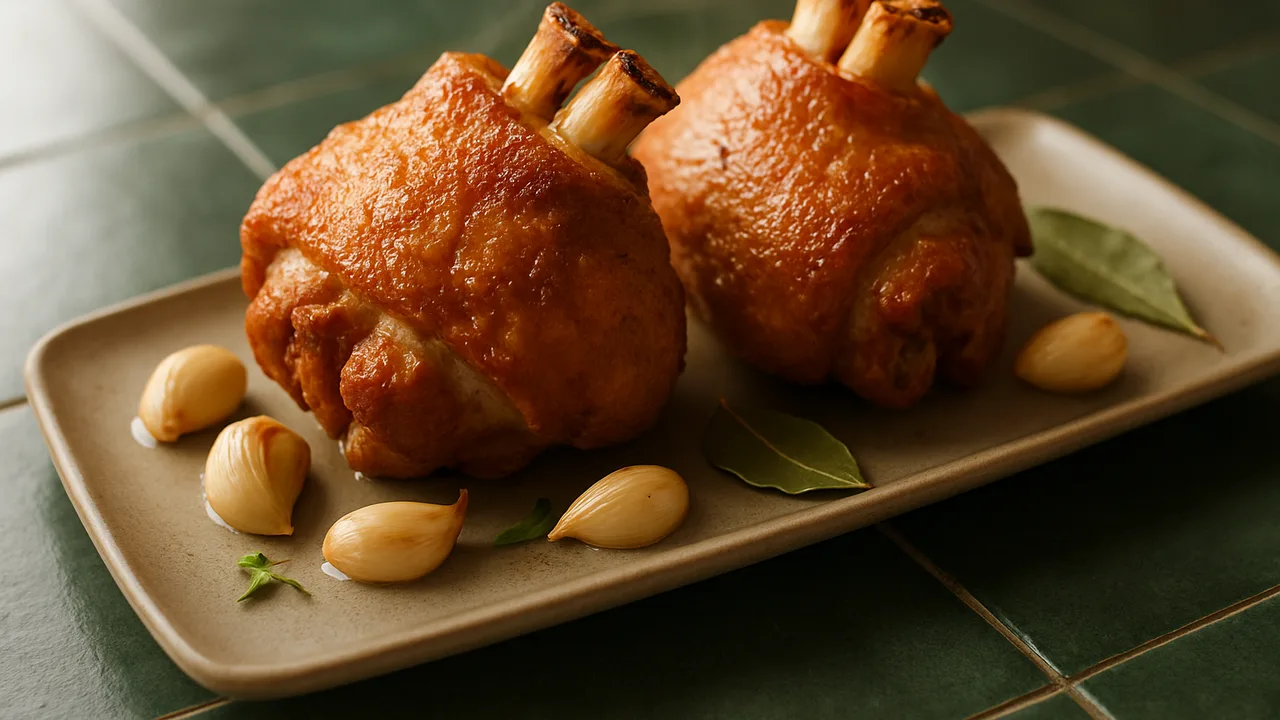 Kleine Schweinshaxe für zwei aus dem Airfryer mit Kleine Schweinshaxen und Knoblauchzehen, auf dunkelgrünen Fliesen …