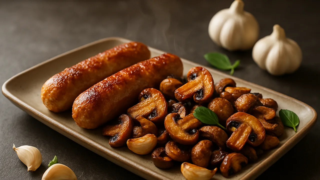 Knoblauch-Bratwurst-Champignons-Schale aus dem Airfryer mit Bratwurst und Champignons, auf dunklem Schiefer angerichtet.