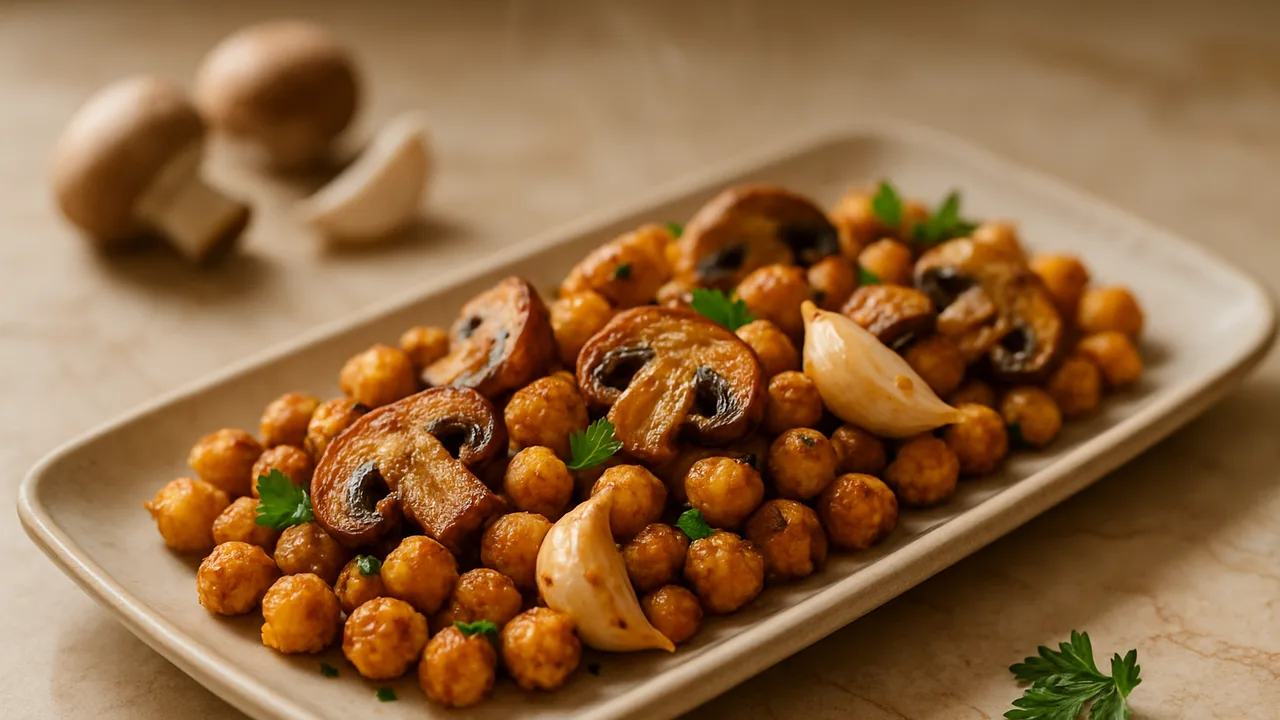 Knoblauch-Champignons-Kichererbsen-Röstchen aus dem Airfryer mit Champignons und Kichererbsen, auf beigem Marmor angerichtet.