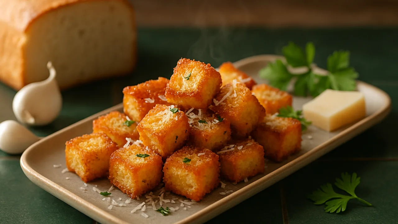 Knoblauch-Croutons mit Parmesan aus dem Airfryer mit Toastbrot und Knoblauchzehen, auf dunkelgrünen Fliesen angerichtet.