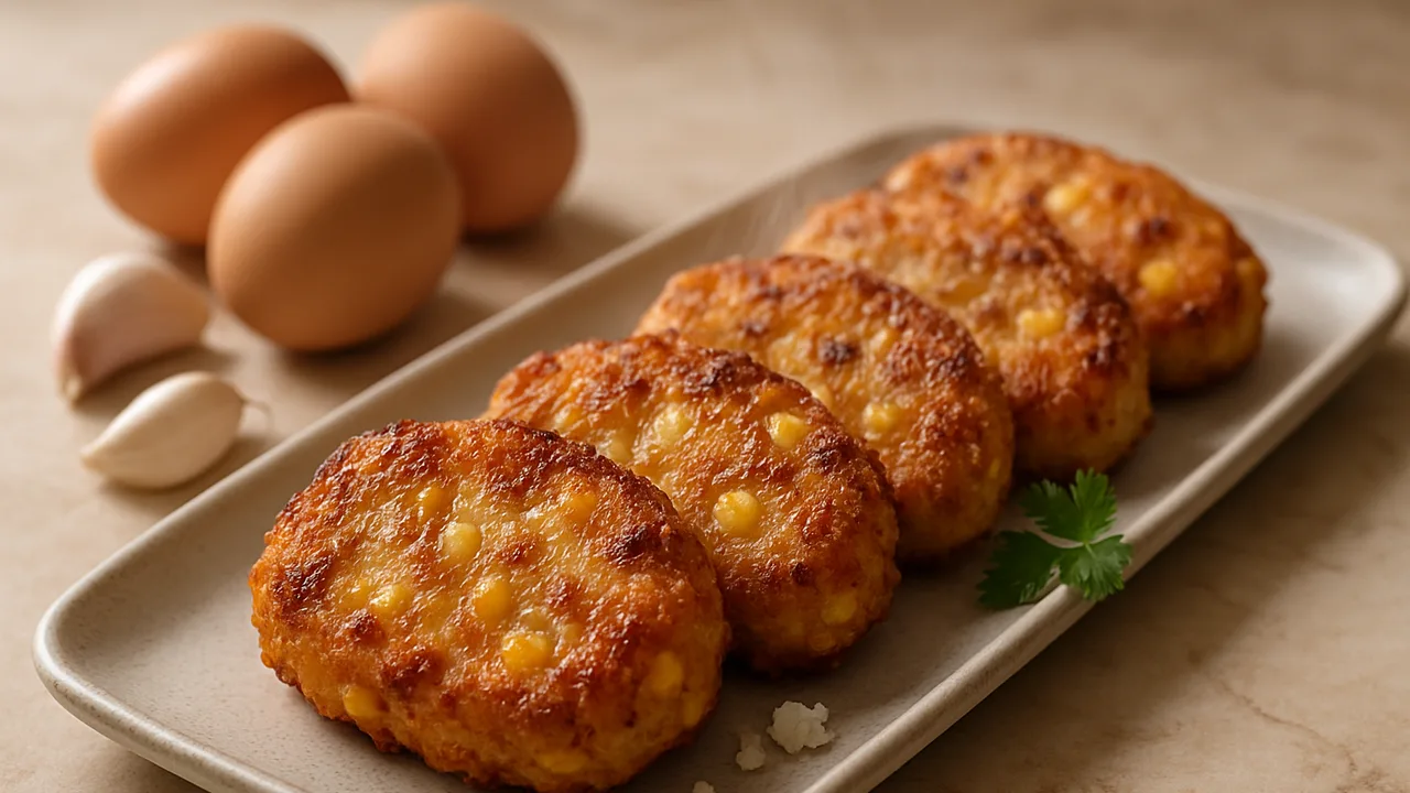 Knoblauch-Ei Nuggets mit Mais aus dem Airfryer mit Eier und Knoblauchzehen, auf beigem Marmor angerichtet.