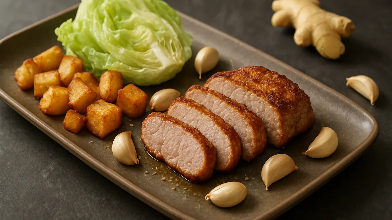 Knoblauch-Eisbergsalat-Schweinefilet-Röstchen aus dem Airfryer mit Schweinefilet und Knoblauchzehen, auf dunklem Schiefer …