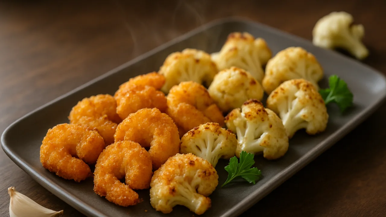 Knoblauch-Garnelen Nuggets mit Blumenkohl aus dem Airfryer mit Garnelen und Blumenkohl, auf dunklem Walnussholz angerichtet.