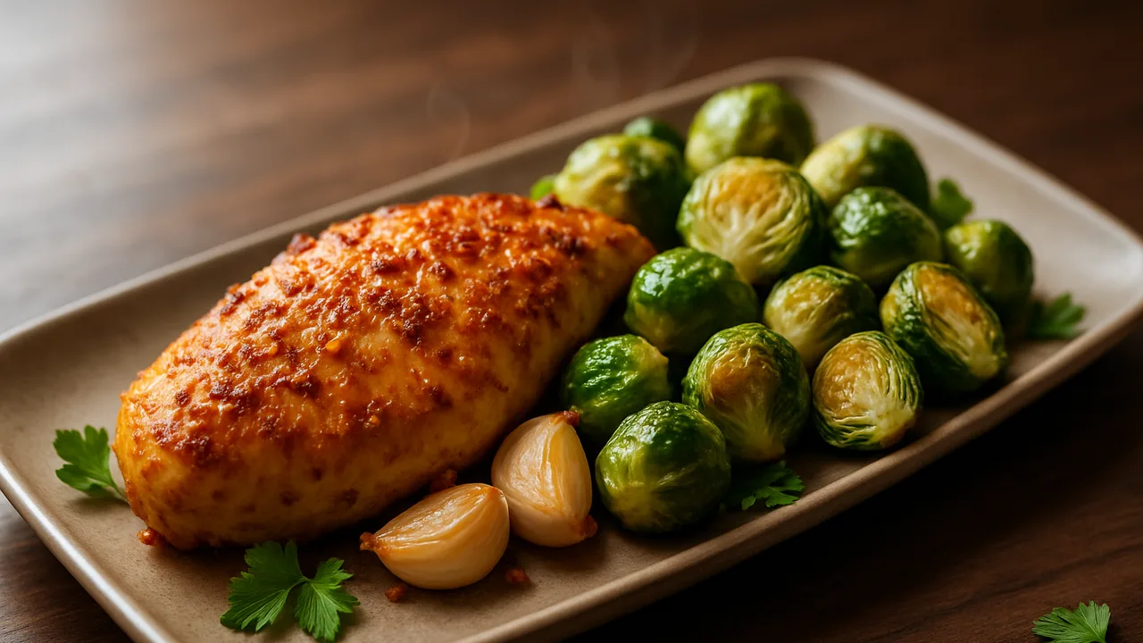 Knoblauch-Hähnchenbrust mit Rosenkohl aus dem Airfryer mit Hähnchenbrust und Rosenkohl, auf dunklem Walnussholz angerichtet.
