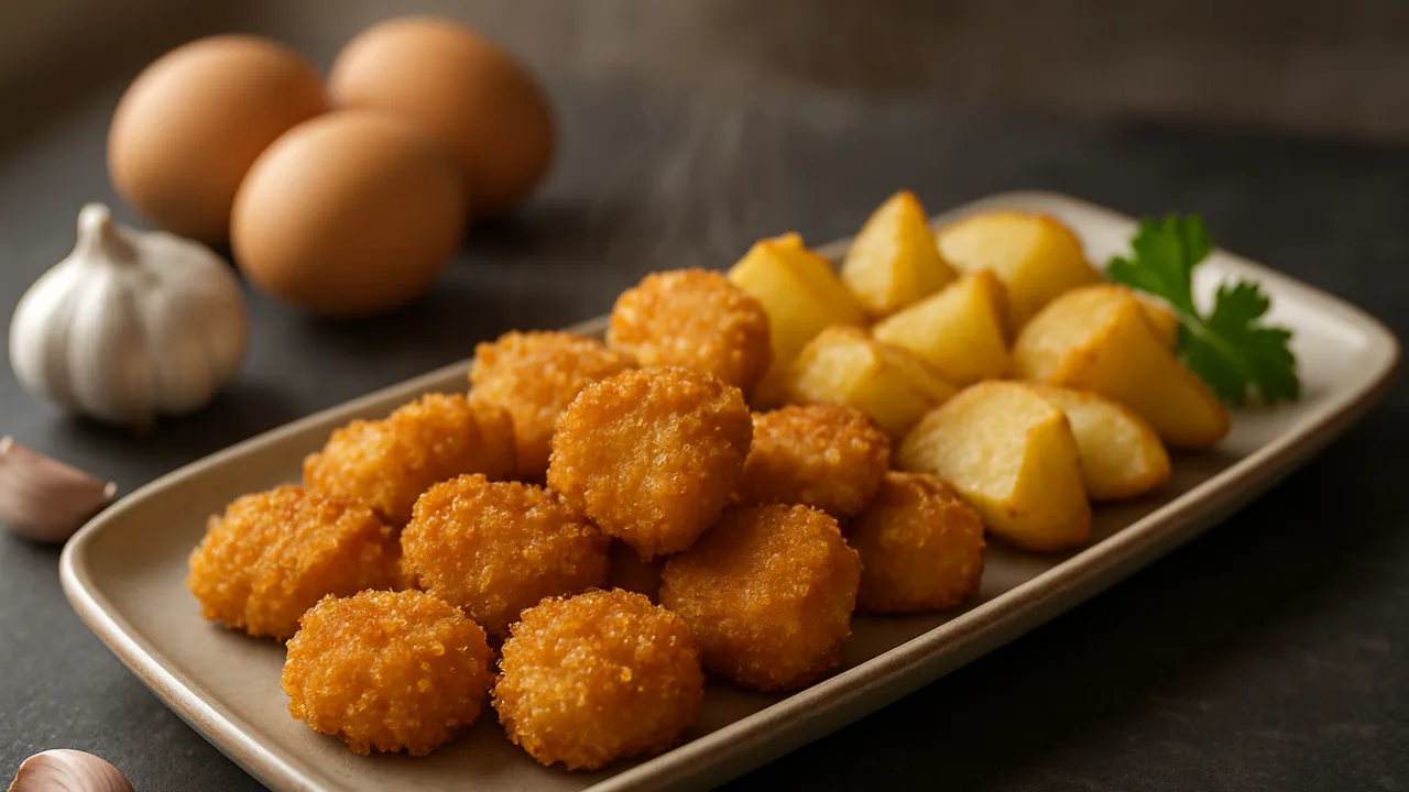 Knoblauch-Hähnchenbrust Nuggets mit Kartoffel aus dem Airfryer mit Hähnchenbrust und Knoblauchzehen, auf dunklem Schiefer …