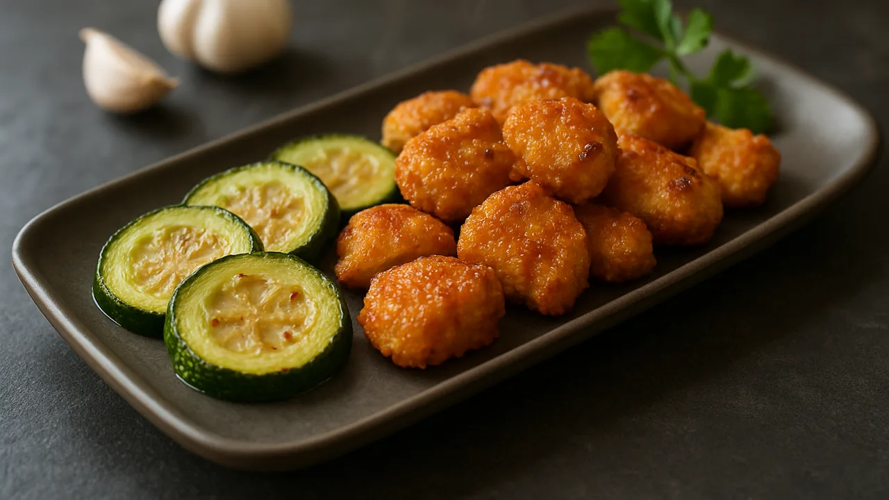 Knoblauch-Hähnchenbrust Nuggets mit Zucchini aus dem Airfryer mit Hähnchenbrust und Knoblauchzehen, auf dunklem Schiefer …