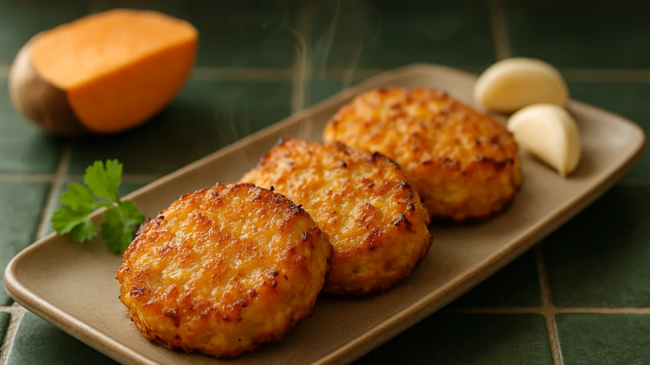 Knoblauch-Ingwer-Kabeljau-Röstchen aus dem Airfryer mit Kabeljaufilet und Süßkartoffel, auf dunkelgrünen Fliesen angerichtet.