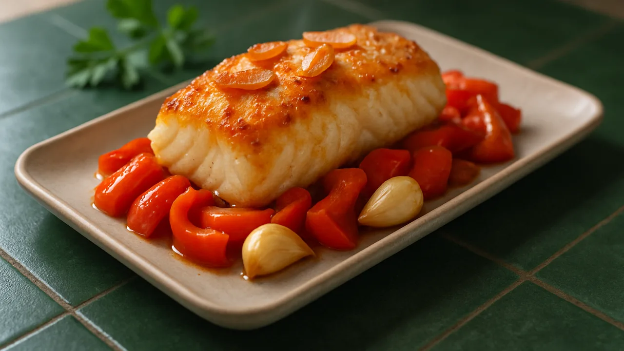 Knoblauch-Kabeljau mit Paprika aus dem Airfryer mit Kabeljaufilet und Paprika, auf dunkelgrünen Fliesen angerichtet.