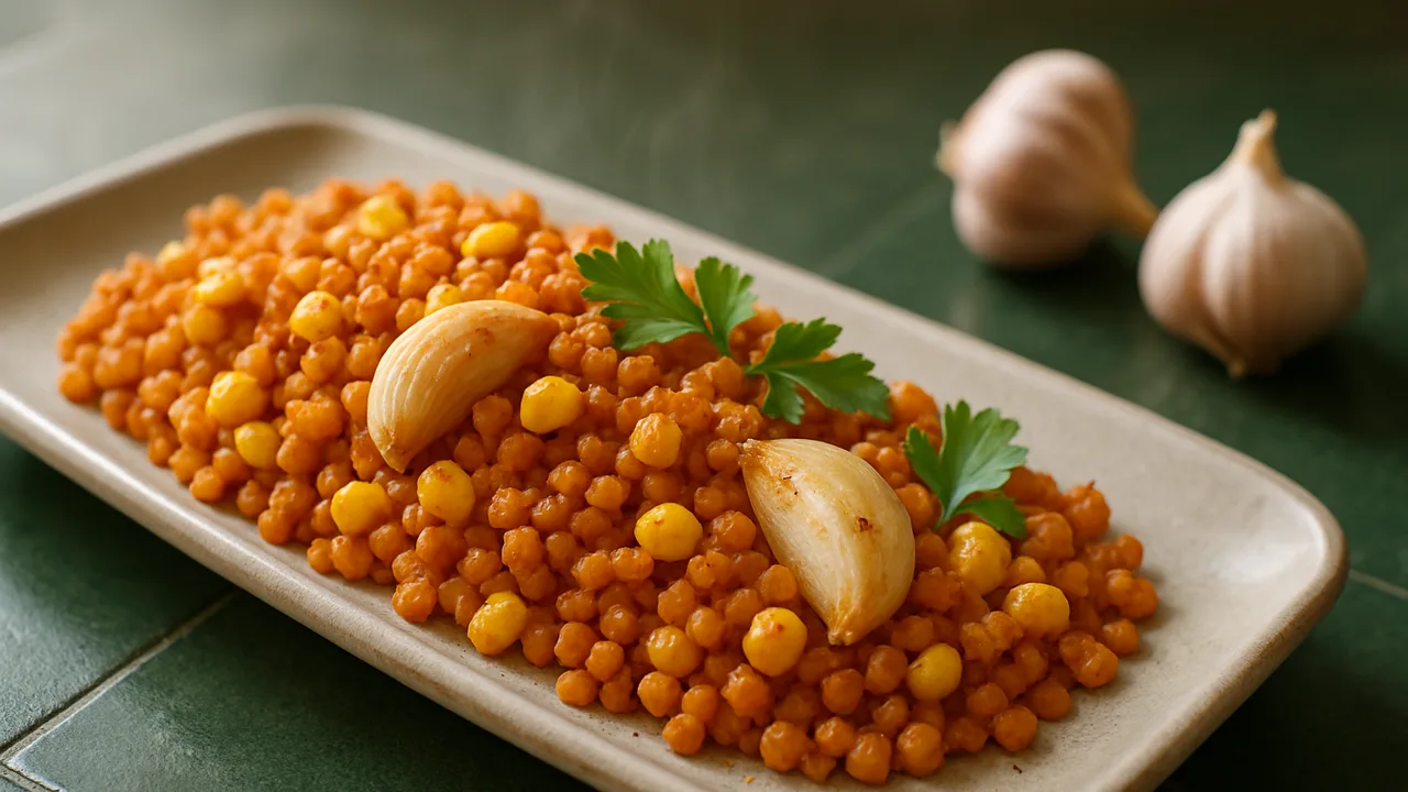 Knoblauch-Linsen mit Mais aus dem Airfryer mit rote Linsen und Mais, auf dunkelgrünen Fliesen angerichtet.