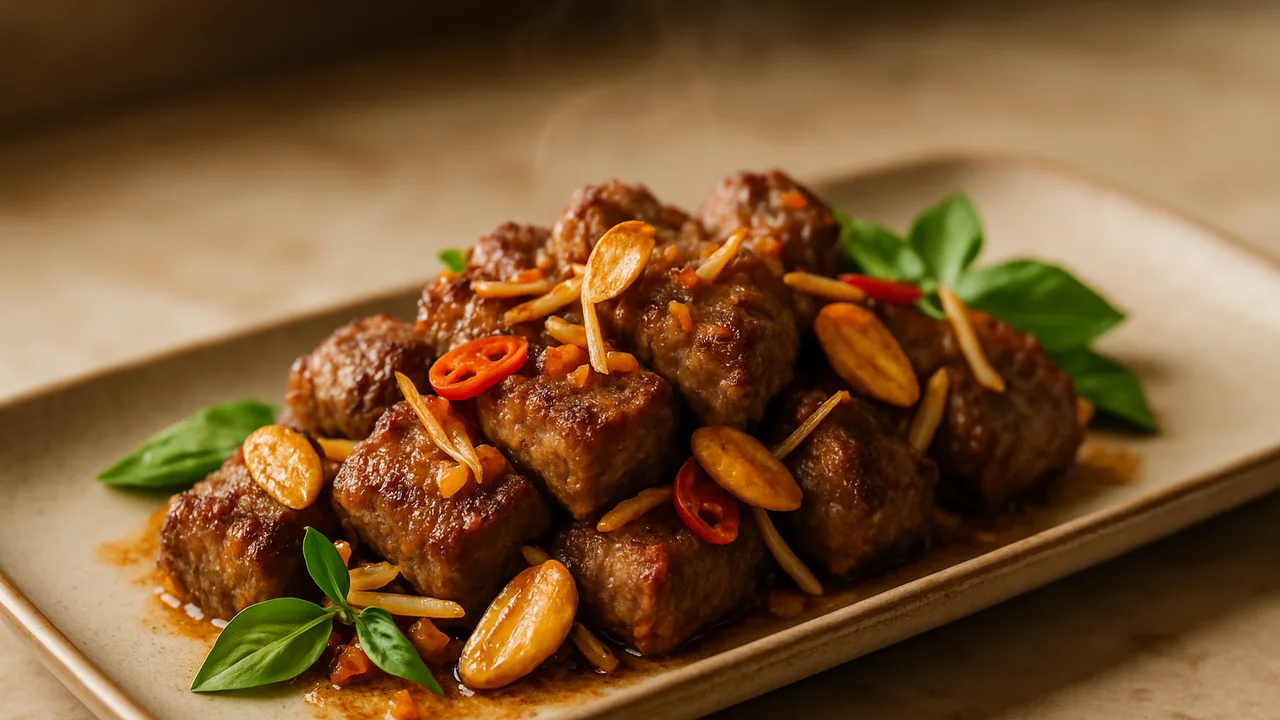 Knoblauch-Rinderfilet Auflauf Thai-Art aus dem Airfryer mit Rinderfilet und Knoblauchzehen, auf beigem Marmor angerichtet.