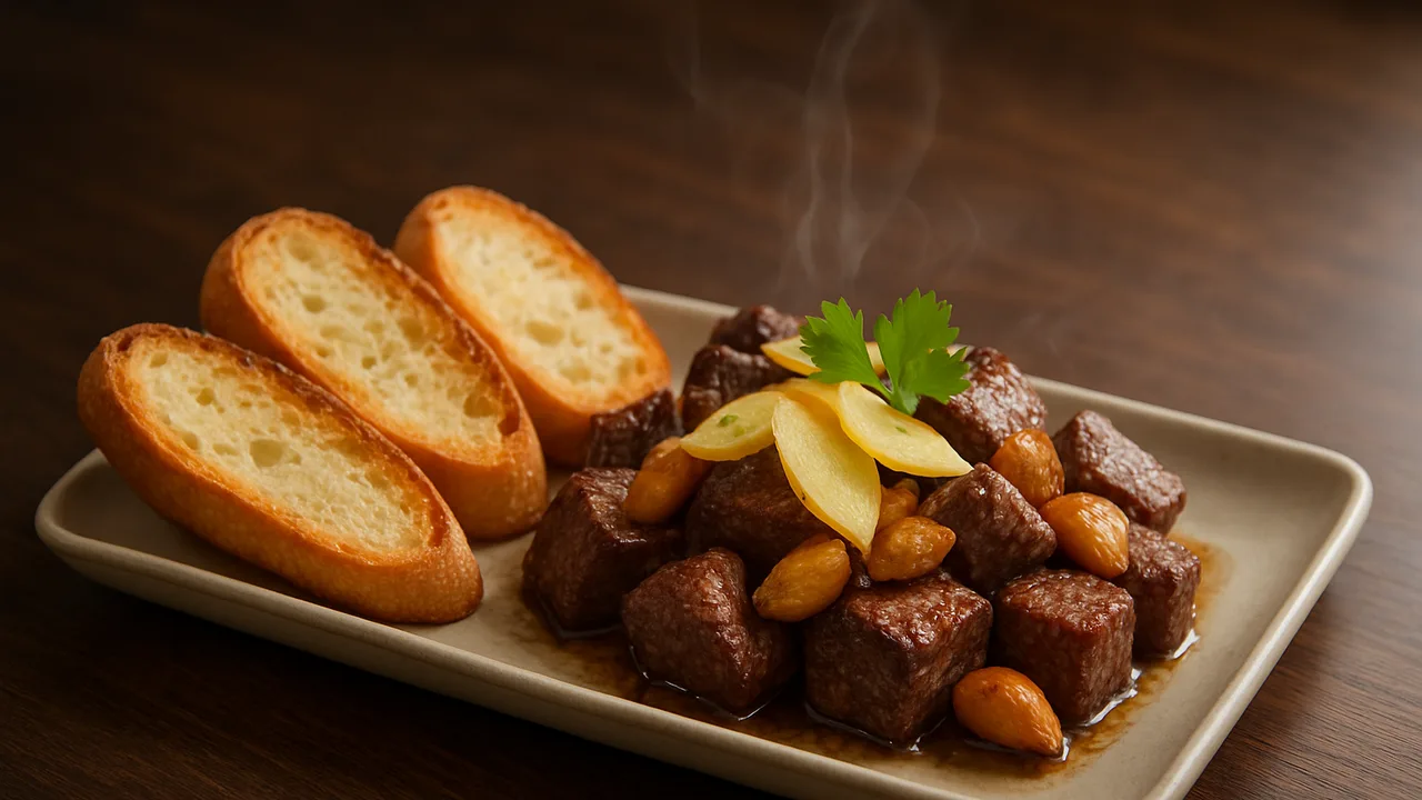 Knoblauch-Rinderfilet Bowl mit Baguette aus dem Airfryer mit Rinderfilet und Knoblauchzehen, auf dunklem Walnussholz …