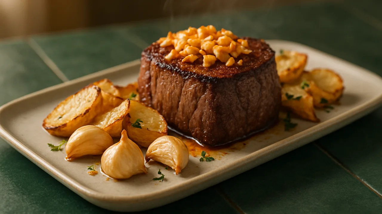 Knoblauch-Rinderfilet mit Topinambur aus dem Airfryer mit Rinderfilet und Topinambur, auf dunkelgrünen Fliesen angerichtet.