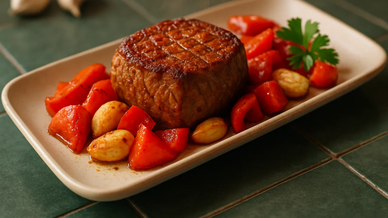 Knoblauch-Rinderfilet-Paprika-Schale aus dem Airfryer mit Rinderfilet und Paprika, auf dunkelgrünen Fliesen angerichtet.