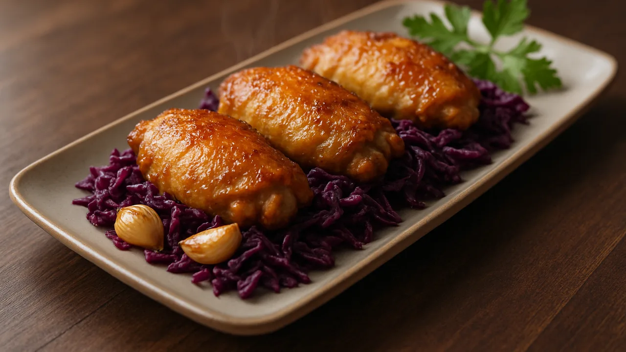Knoblauch-Rotkohl-Hähnchenschenkel-Röstchen aus dem Airfryer mit Hähnchenschenkel und Rotkohl, auf dunklem Walnussholz …
