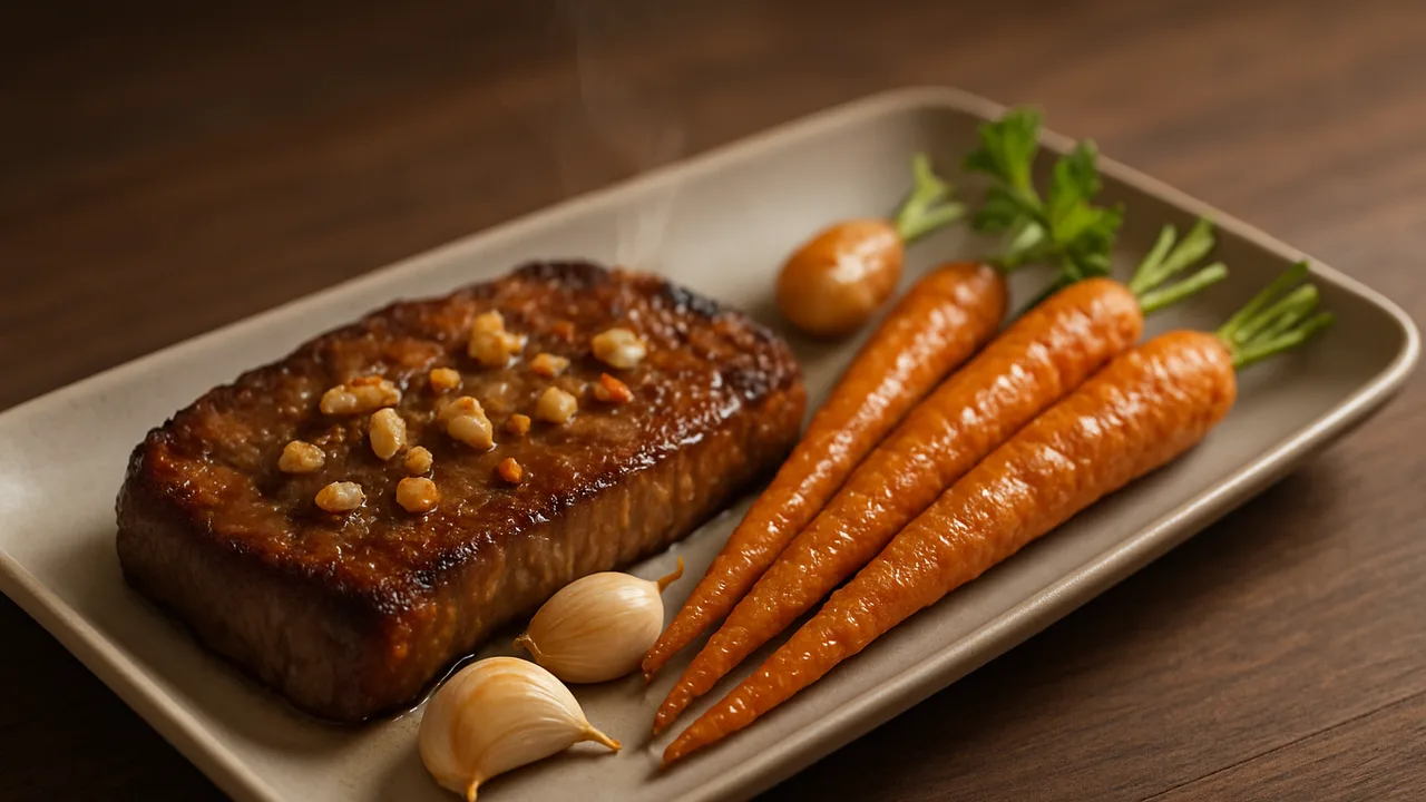 Knoblauch-Rumpsteak mit Karotte aus dem Airfryer mit Rumpsteak und Karotten, auf dunklem Walnussholz angerichtet.