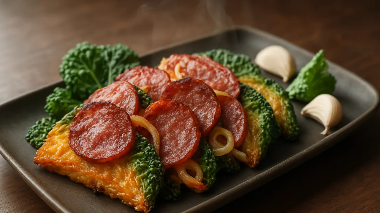 Knoblauch-Salami mit Wirsing aus dem Airfryer mit Salami und Wirsing, auf dunklem Walnussholz angerichtet.