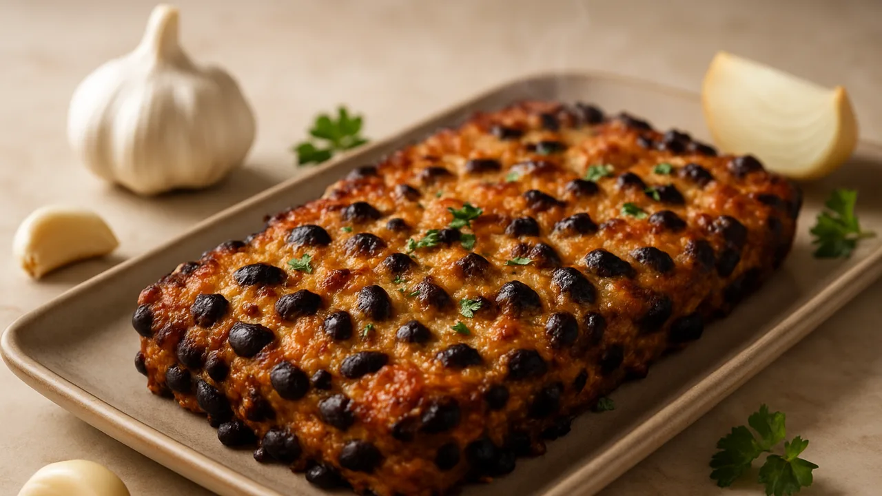 Knoblauch-Schwarze Bohnen-Auflauf aus dem Airfryer mit schwarze Bohnen und Knoblauchzehen, auf beigem Marmor angerichtet.