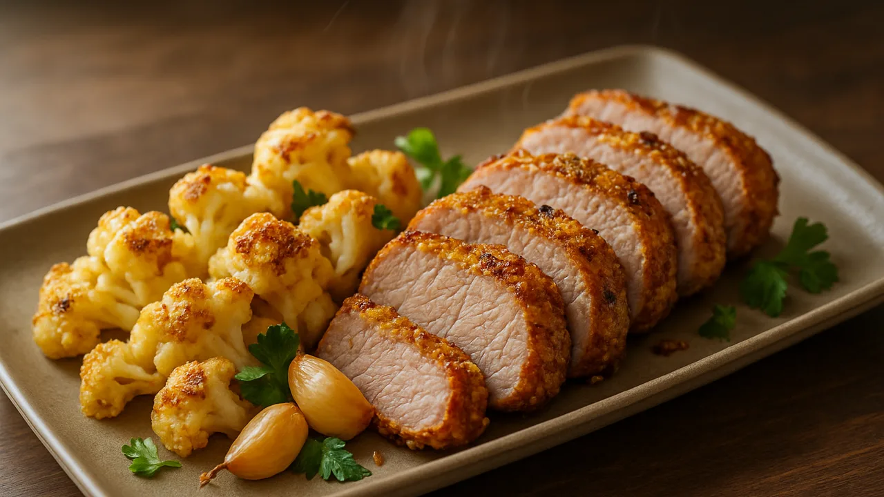 Knoblauch-Schweinefilet mit Blumenkohl aus dem Airfryer mit Schweinefilet und Blumenkohl, auf dunklem Walnussholz …