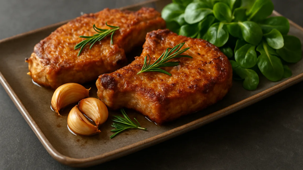 Knoblauch-Schweinekotelett mit Feldsalat aus dem Airfryer mit Schweinekoteletts und Knoblauchzehen, auf dunklem Schiefer …