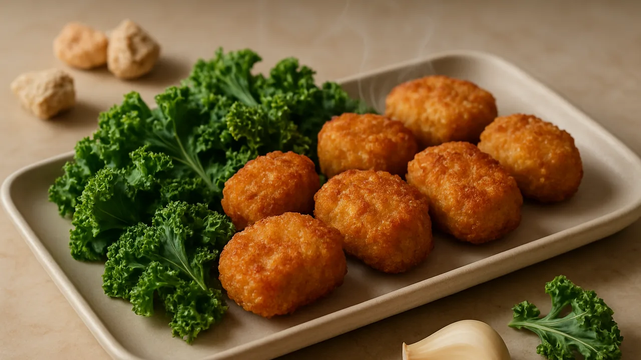 Knoblauch-Sojaschnetzel Nuggets mit Grünkohl aus dem Airfryer mit Sojaschnetzel (getrocknet) und Gemüsebrühe, auf beigem …