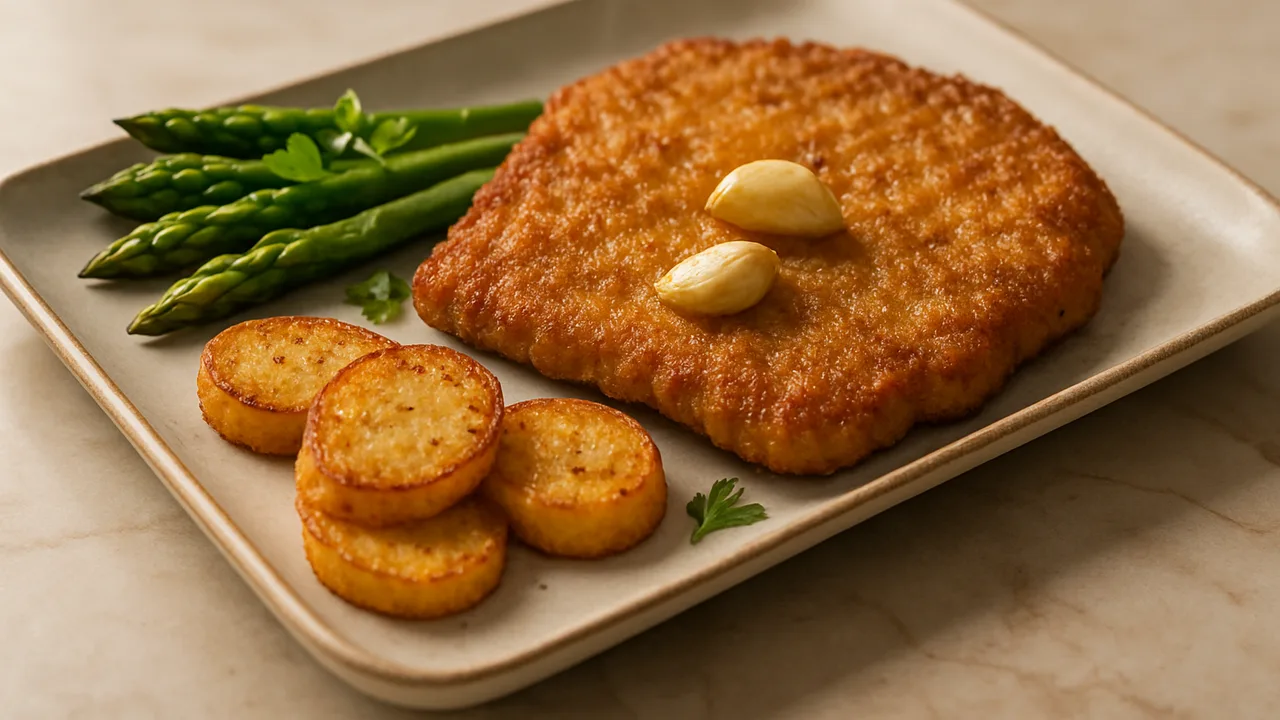 Knoblauch-Spargel-Kalbsschnitzel-Röstchen aus dem Airfryer mit Kalbsschnitzel und grüner Spargel, auf beigem Marmor …