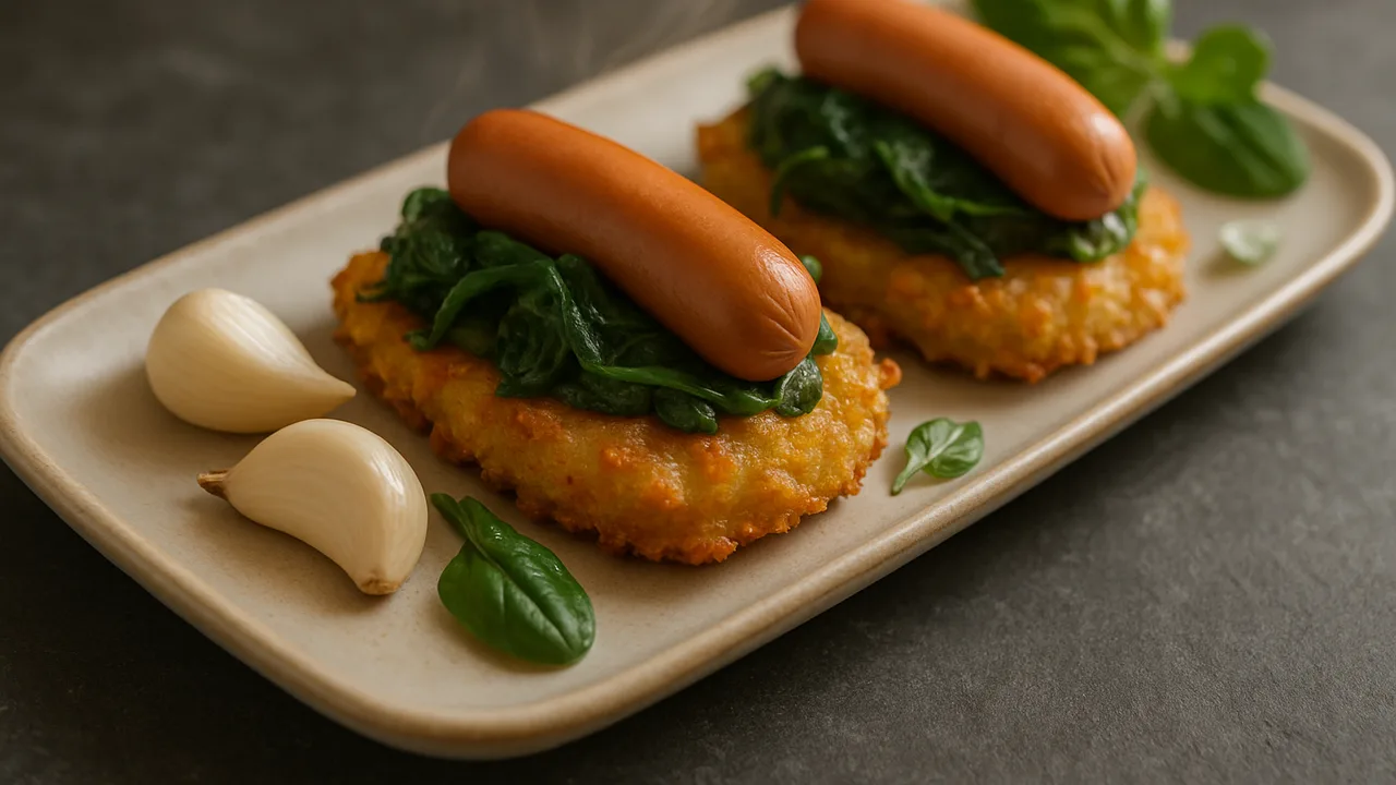Knoblauch-Spinat-Wiener-Würstchen-Röstchen aus dem Airfryer mit Wiener Würstchen und Blattspinat, auf dunklem Schiefer …
