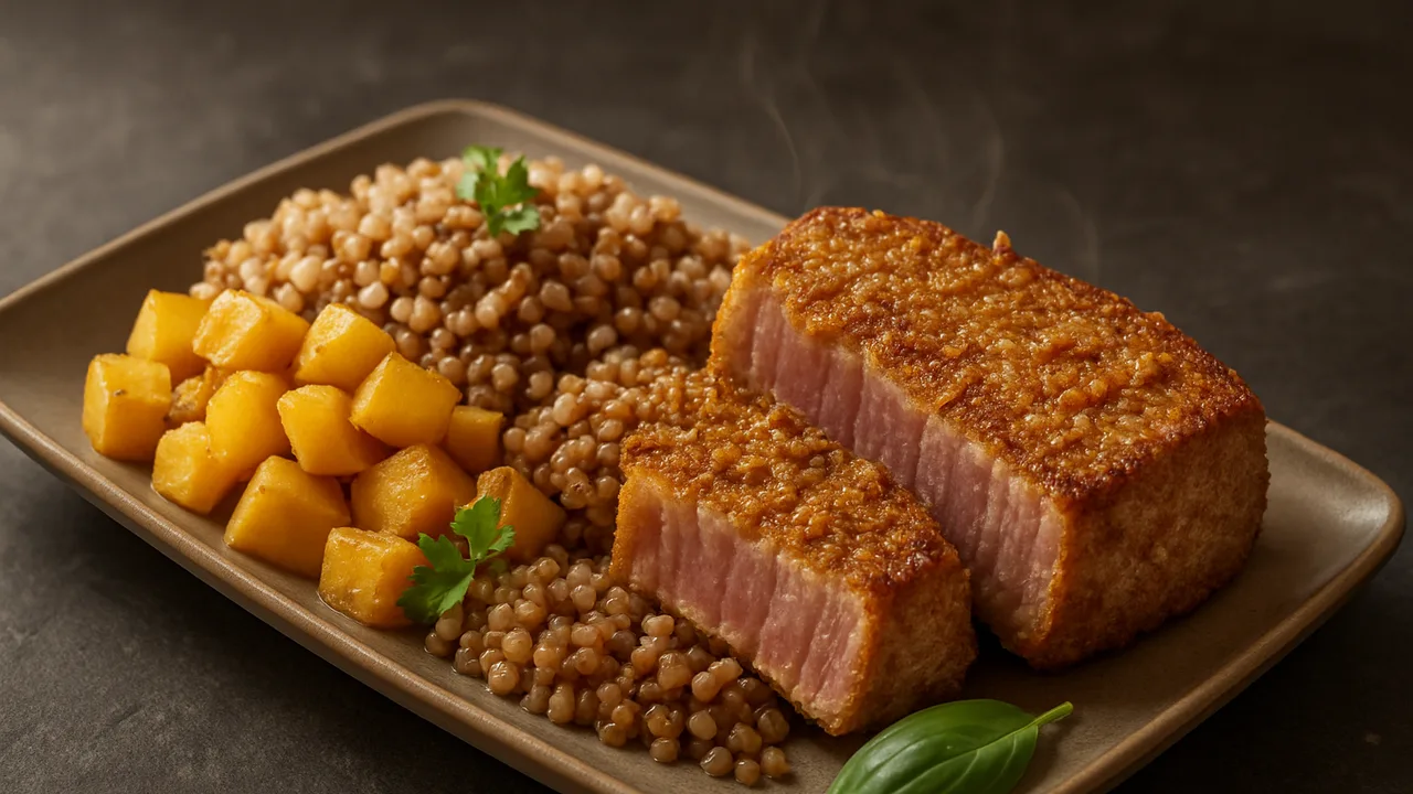 Knoblauch-Thunfisch Bowl mit Buchweizen und Steckrübe aus dem Airfryer mit Thunfisch-Steaks und Steckrübe, auf dunklem …