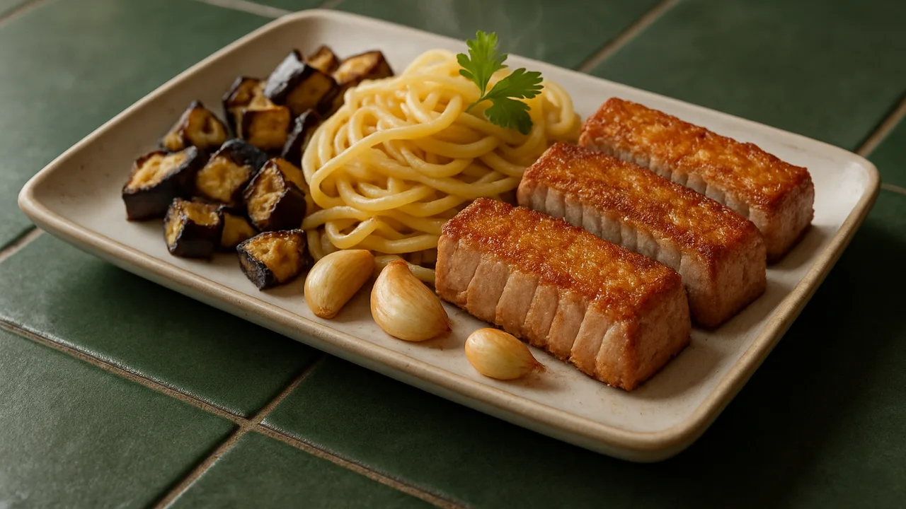 Knoblauch-Thunfisch Bowl mit Nudeln und Aubergine aus dem Airfryer mit Thunfischsteaks und Aubergine, auf dunkelgrünen …