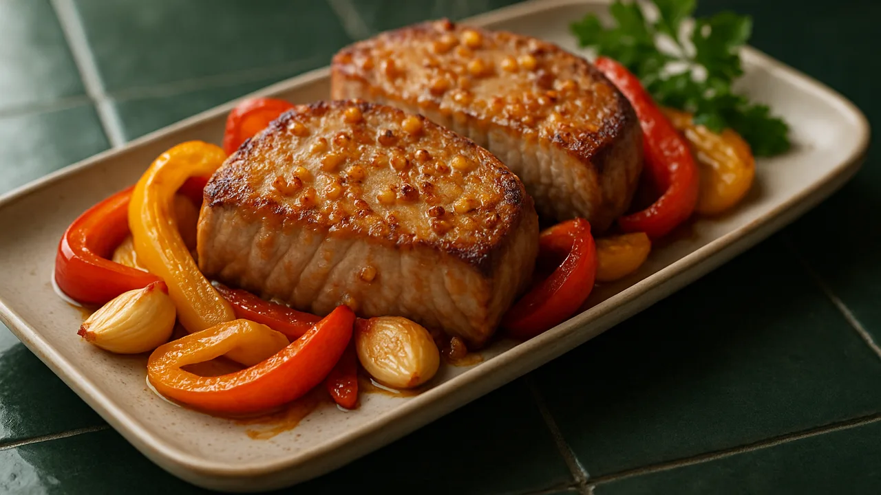 Knoblauch-Thunfisch mit Paprika aus dem Airfryer mit Thunfischsteaks und Paprika, auf dunkelgrünen Fliesen angerichtet.