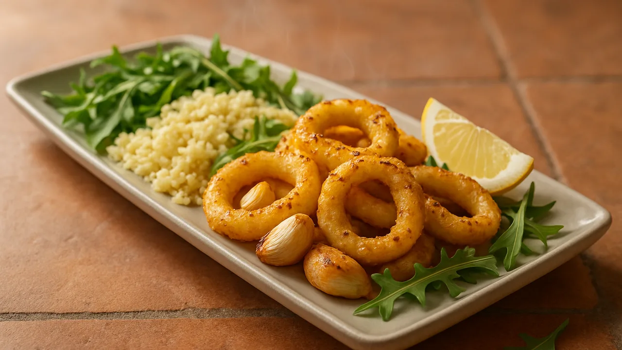 Knoblauch-Tintenfisch Bowl mit Couscous und Rucola aus dem Airfryer mit Tintenfischringe und Knoblauchzehen, auf …