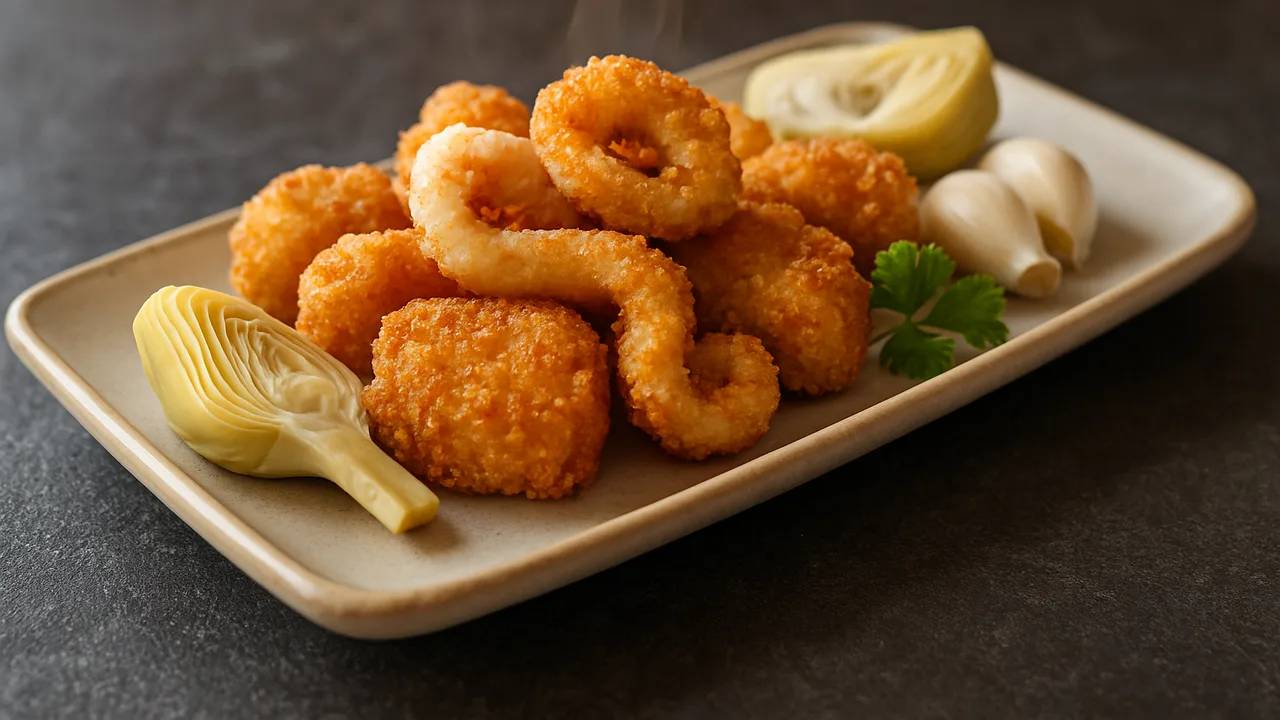Knoblauch-Tintenfisch Nuggets mit Artischocke aus dem Airfryer mit Tintenfisch und Artischockenherzen, auf dunklem Schiefer …