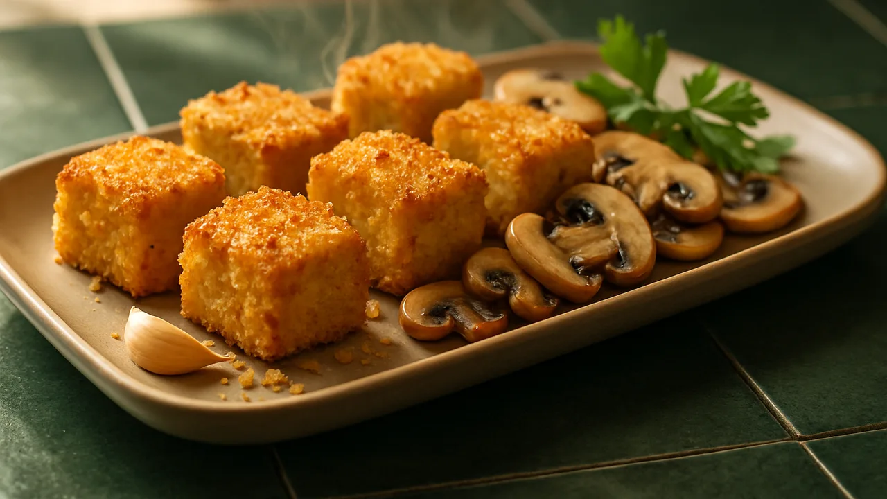 Knoblauch-Tofu Nuggets mit Champignons aus dem Airfryer mit Tofu und Ei, auf dunkelgrünen Fliesen angerichtet.