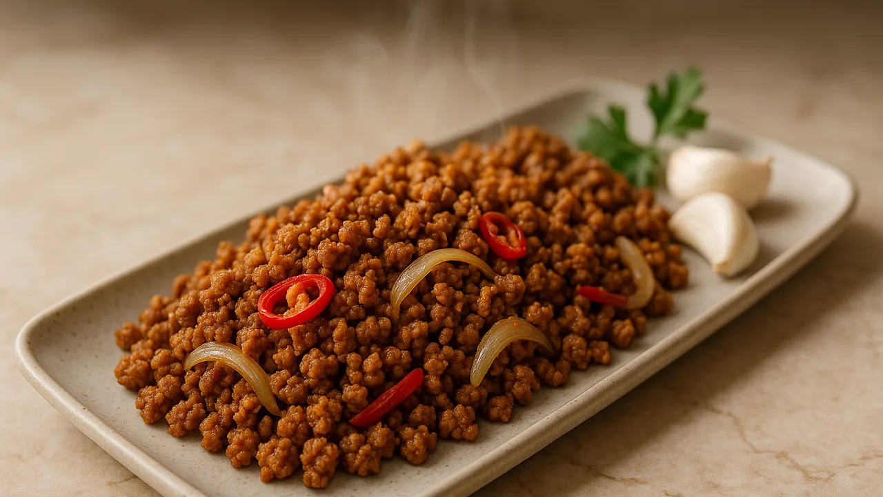 Knoblauch-Veggie-Hack mit Chili aus dem Airfryer mit Veggie-Hack und Zwiebel, auf beigem Marmor angerichtet.